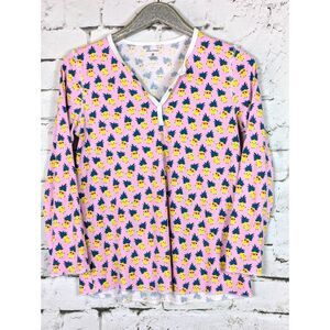 ROLLER RABBIT Dancing Pineapples Peru 100% Pima Cotton Henley Lounge Top Medium